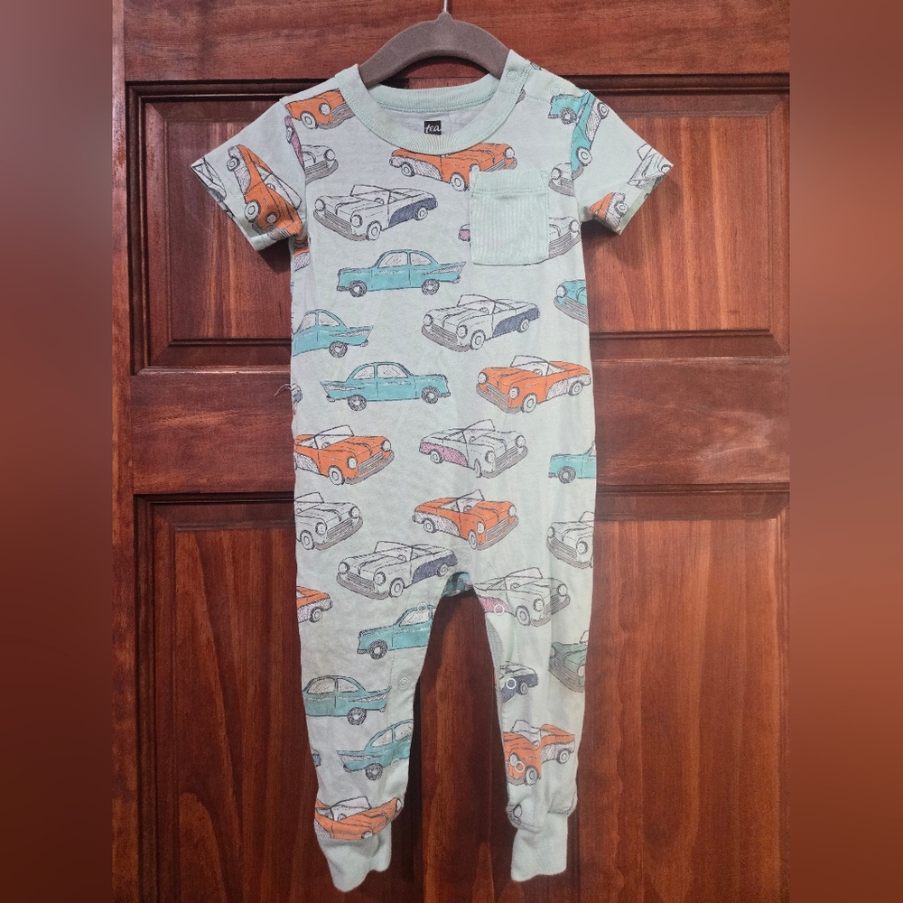 Tea Collection Car Print Footie in Blue and Orange